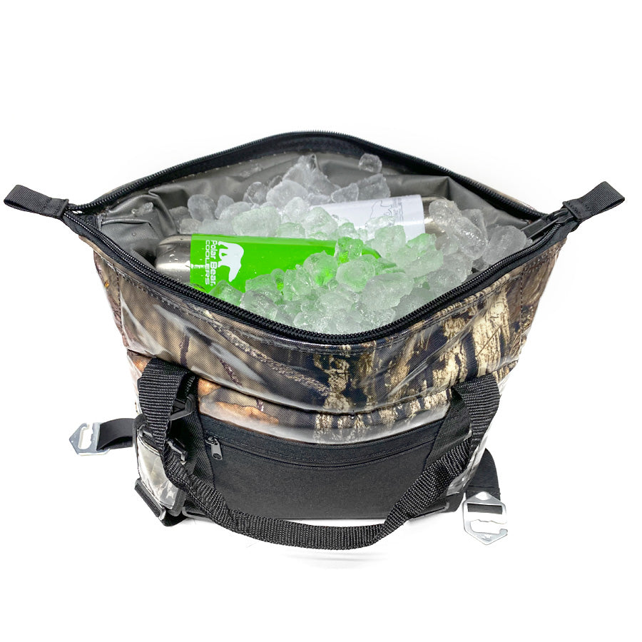 Open 12-pack of Polar Bear Coolers nylon soft coolers in camo pattern, showcasing insulated interior and durable design.