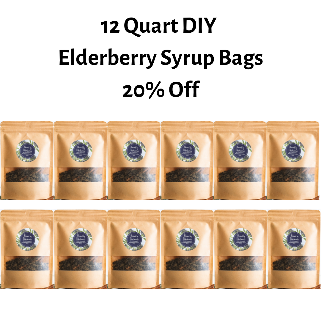 All-natural Elderberry Syrup DIY kit with 12 quart-sized bags from Blessed by Elderberries for homemade elderberry tea.