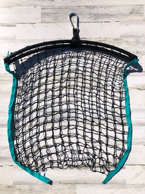Teal regular haynet from Haylo Haynets, LLC, showing a sturdy mesh hay bag suitable for storing and feeding hay to horses.