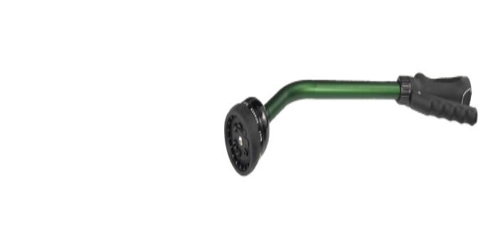 Green Dramm 16-inch Kaleidoscope Rain Wand for watering garden plants, featuring a colorful, patterned spray head.