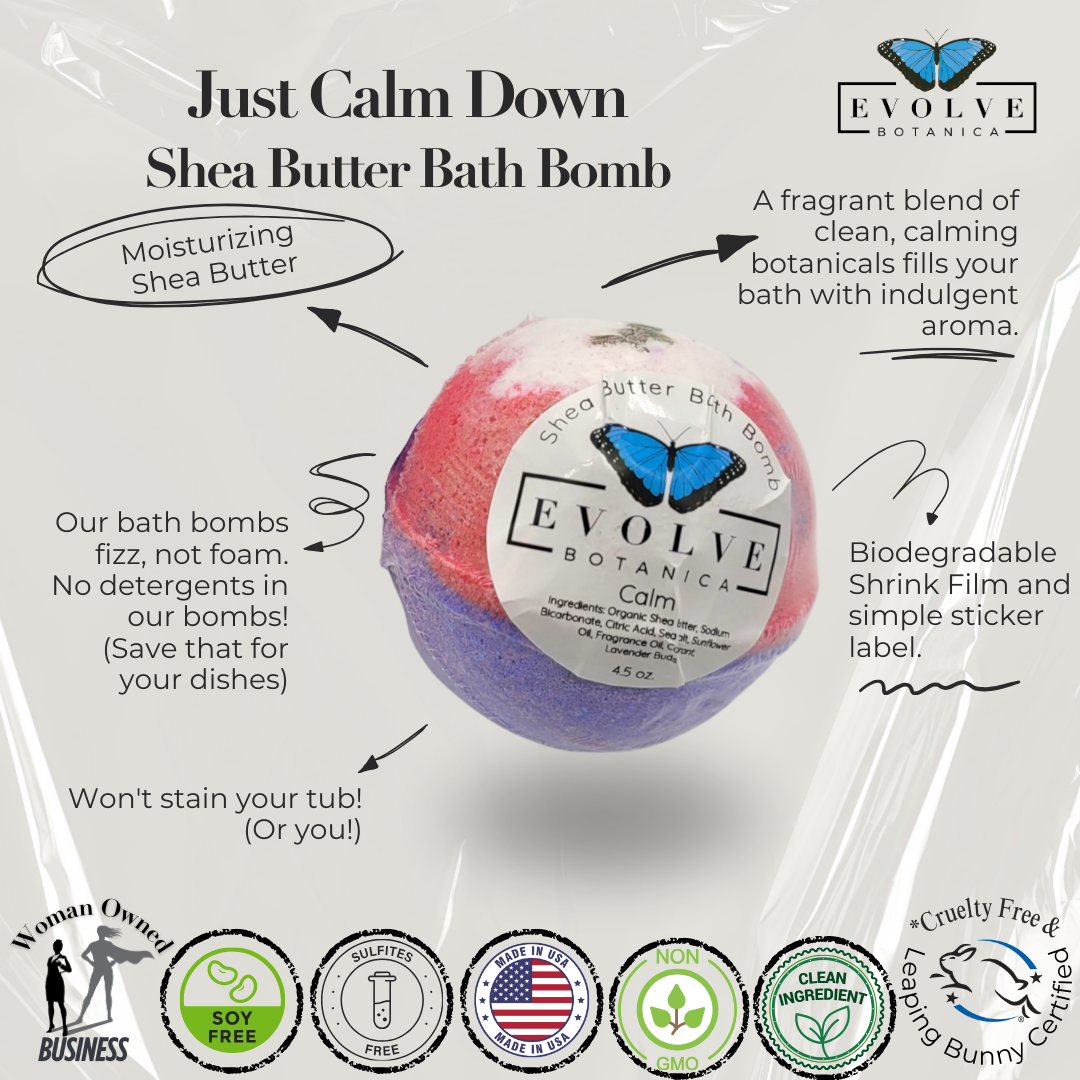 Evolve Botanica Just Calm Down bath bomb with vibrant colors and floral accents, designed for relaxing bath experience.