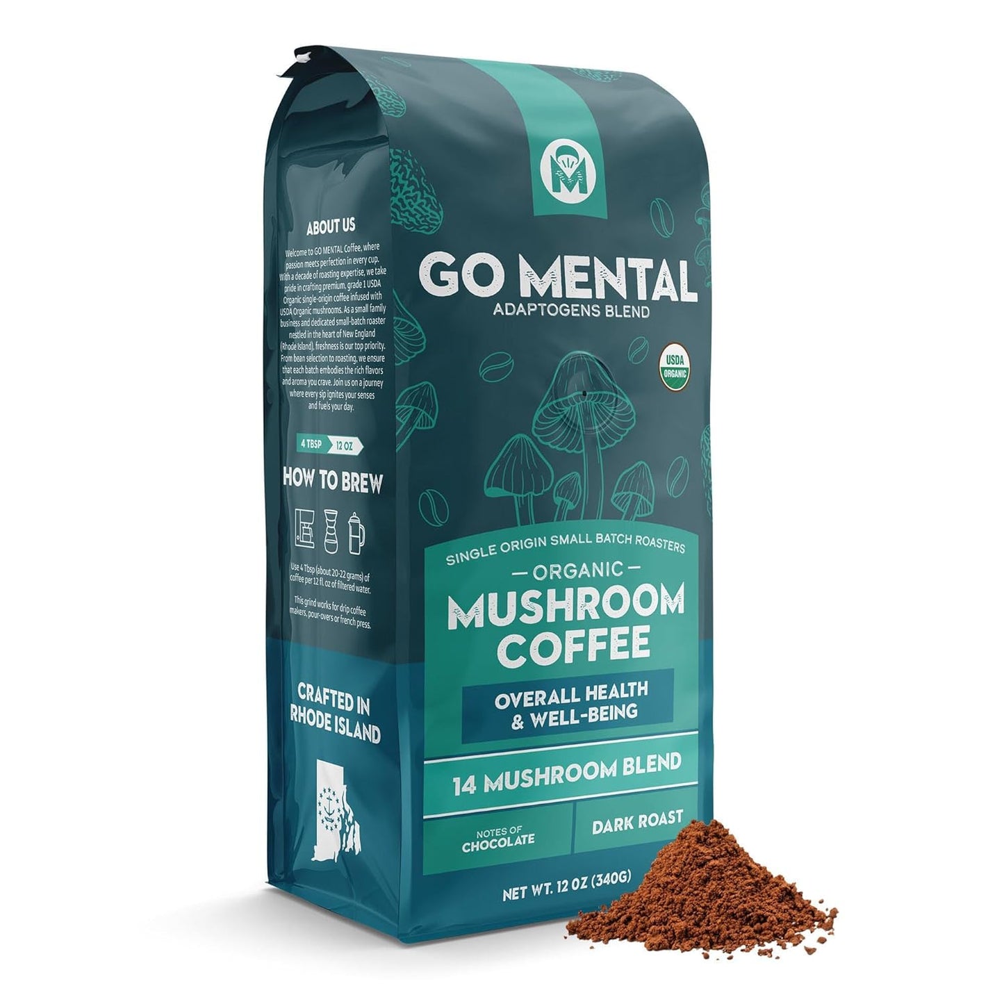 14 Mushroom Coffee Adaptogens Blend by GO MENTAL MUSHROOM COFFEE, featuring a jar of mixed mushroom powders on a wooden surface.