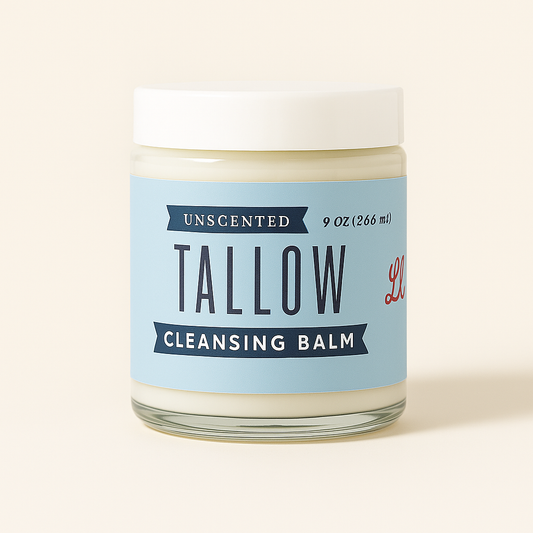 Unscented Tallow Cleansing Balm by The Lady May, natural makeup remover and deep moisturizer with grass-fed beef tallow and castor oil.