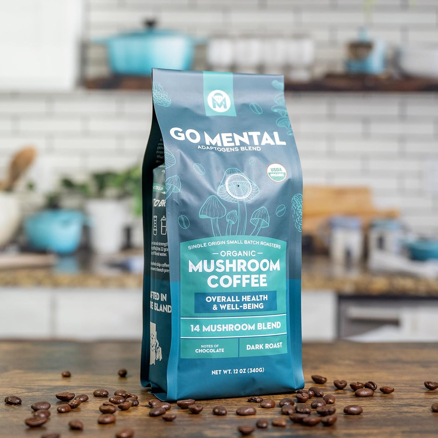 14 Mushroom Coffee Adaptogens Blend by GO MENTAL MUSHROOM COFFEE, featuring a jar of mushroom coffee with fresh mushrooms around it.