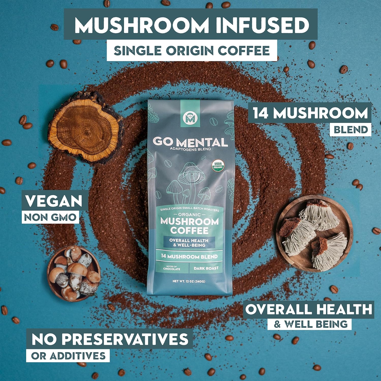 14 Mushroom Coffee Adaptogens Blend by GO MENTAL MUSHROOM COFFEE, featuring a jar of mushroom coffee mix with dried mushrooms and herbs.