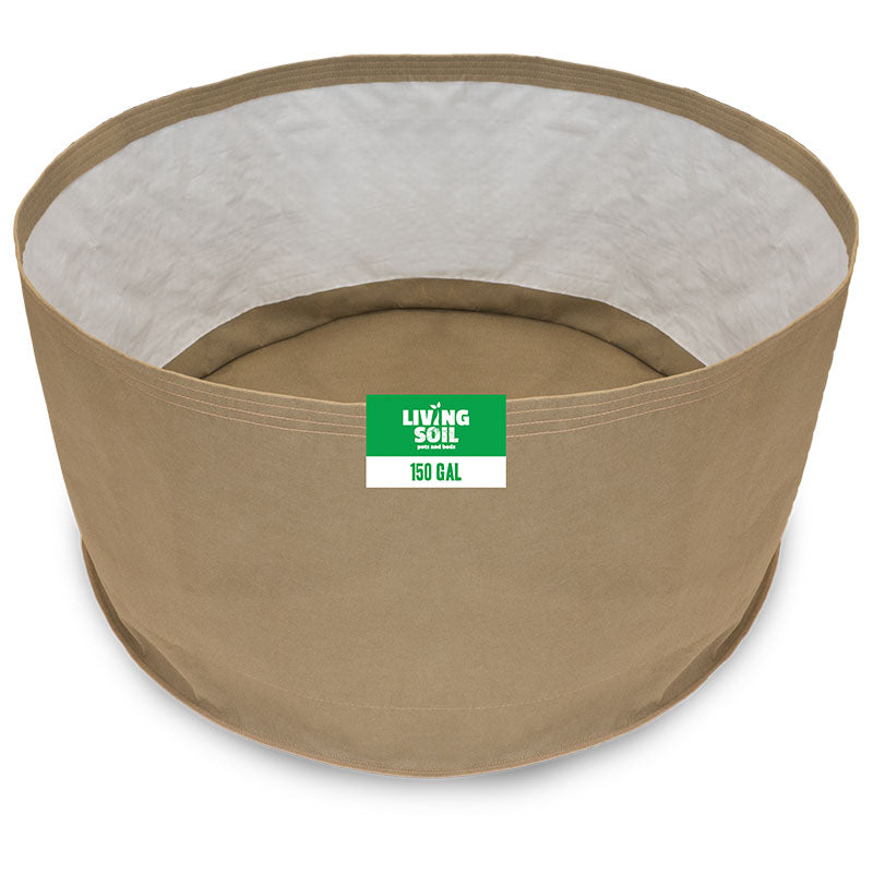 150-gallon Grassroots Fabric Pot for living soil cultivation, durable fabric container for gardening and plant growth.