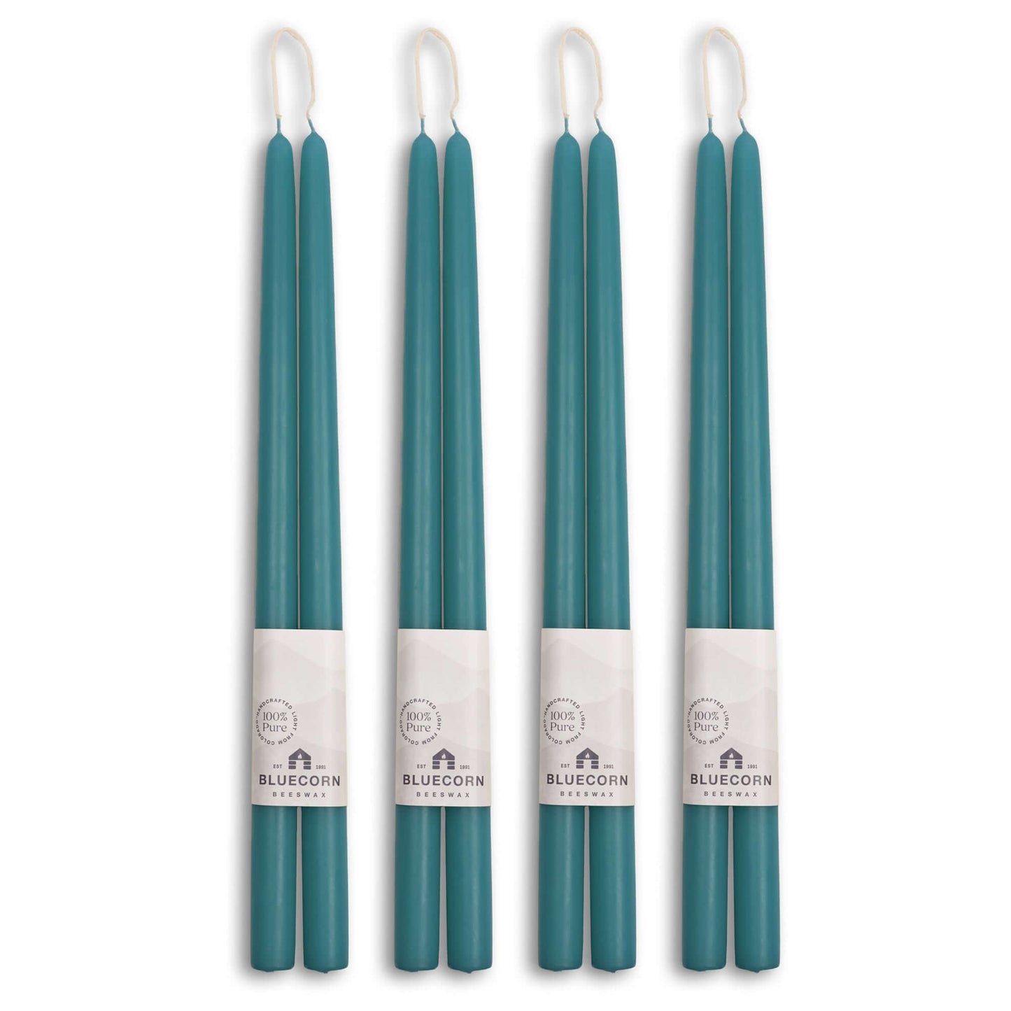 Bluecorn Candles hand-dipped beeswax taper candles in dark teal, 16-inch long, shown in a bulk 4-pair bundle.
