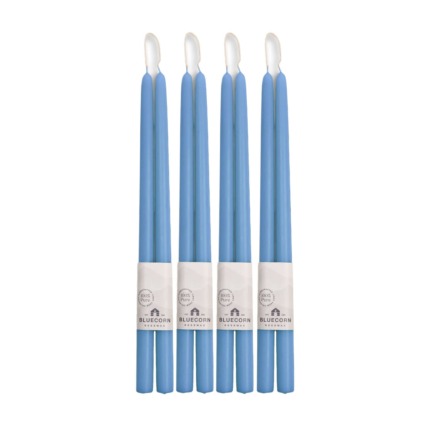 Sky-blue hand-dipped beeswax taper candles from Bluecorn Candles, 16-inch-long bulk bundle, natural and elegant for home decor