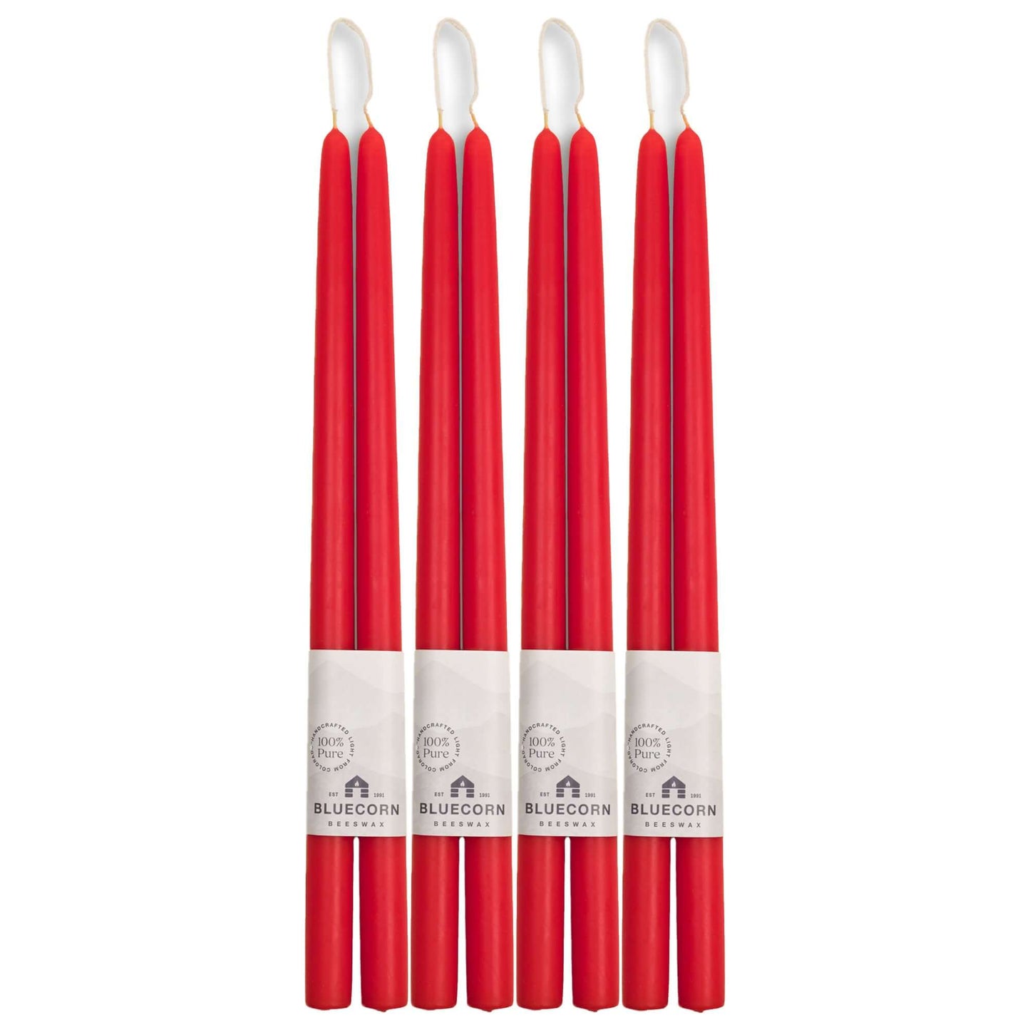 Set of 8 red 16-inch beeswax taper candles from Bluecorn Candles, hand-dipped, perfect for bulk decorative or ceremonial use.