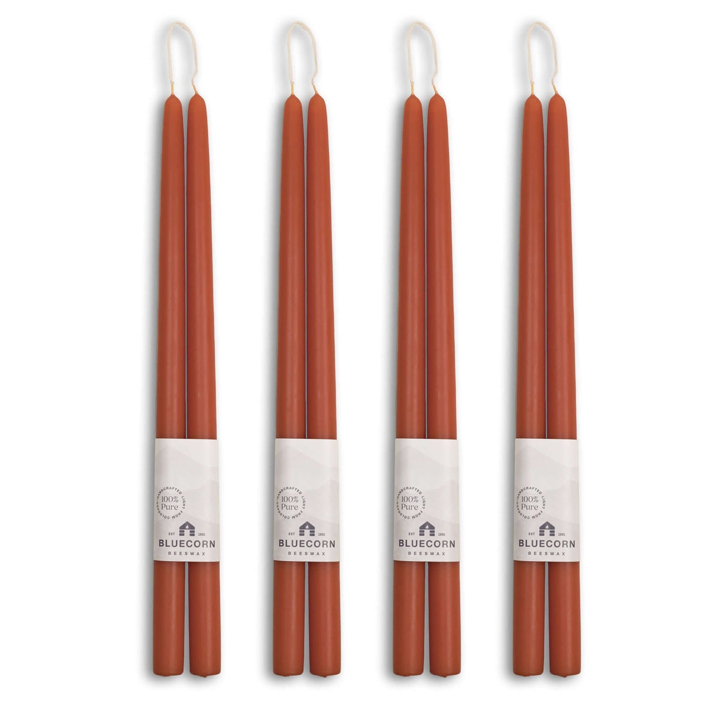 Bluecorn Candles 16-inch terracotta blue beeswax taper candles in a bulk 4-pair bundle, showcasing natural hand-dipped taper candles.