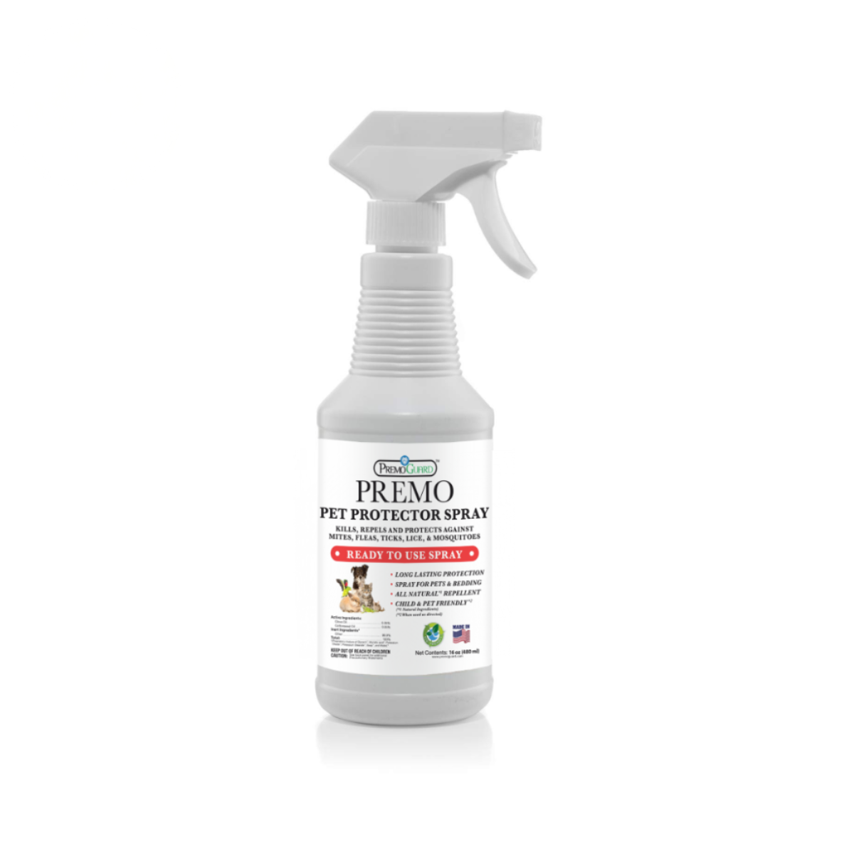 Pet Protector Spray by Premo Natural Products, plant-based non-toxic pest control spray for pets and home protection.