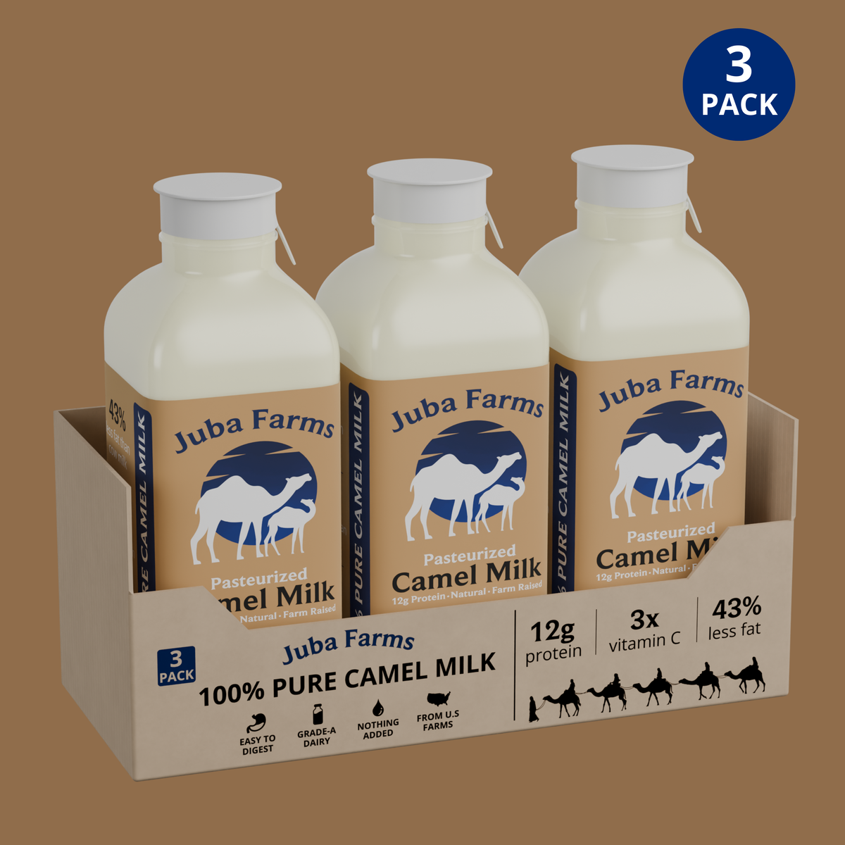 Three 16 oz bottles of Juba Farms camel milk in a pack, featuring clear labels and white bottles with blue caps.