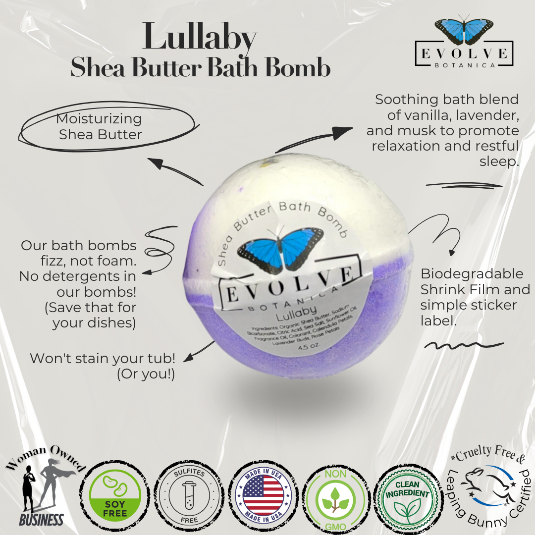 Evolve Botanica Lullaby bath bomb in a white and pastel-colored ball with floral details, designed for relaxing baths.
