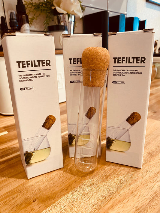 Tea test tube from TEFILTER by Onic Brands LLC, clear glass tube for tea infusion or sampling, with a stopper and measurement markings