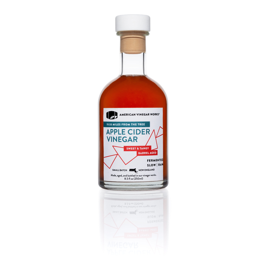Bottle of 19.53 miles from the Tree apple cider vinegar by American Vinegar Works, with a label displaying the product name.