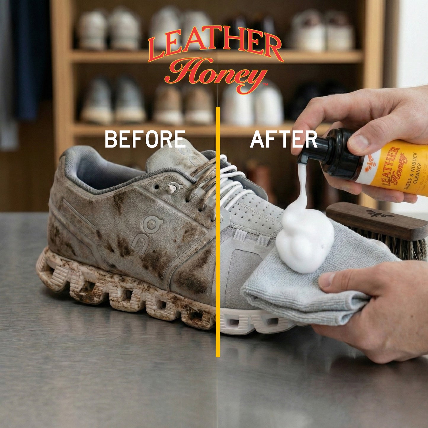 Leather Honey lint-free application cloth for leather care, shown in use on a leather surface for gentle cleaning and maintenance.