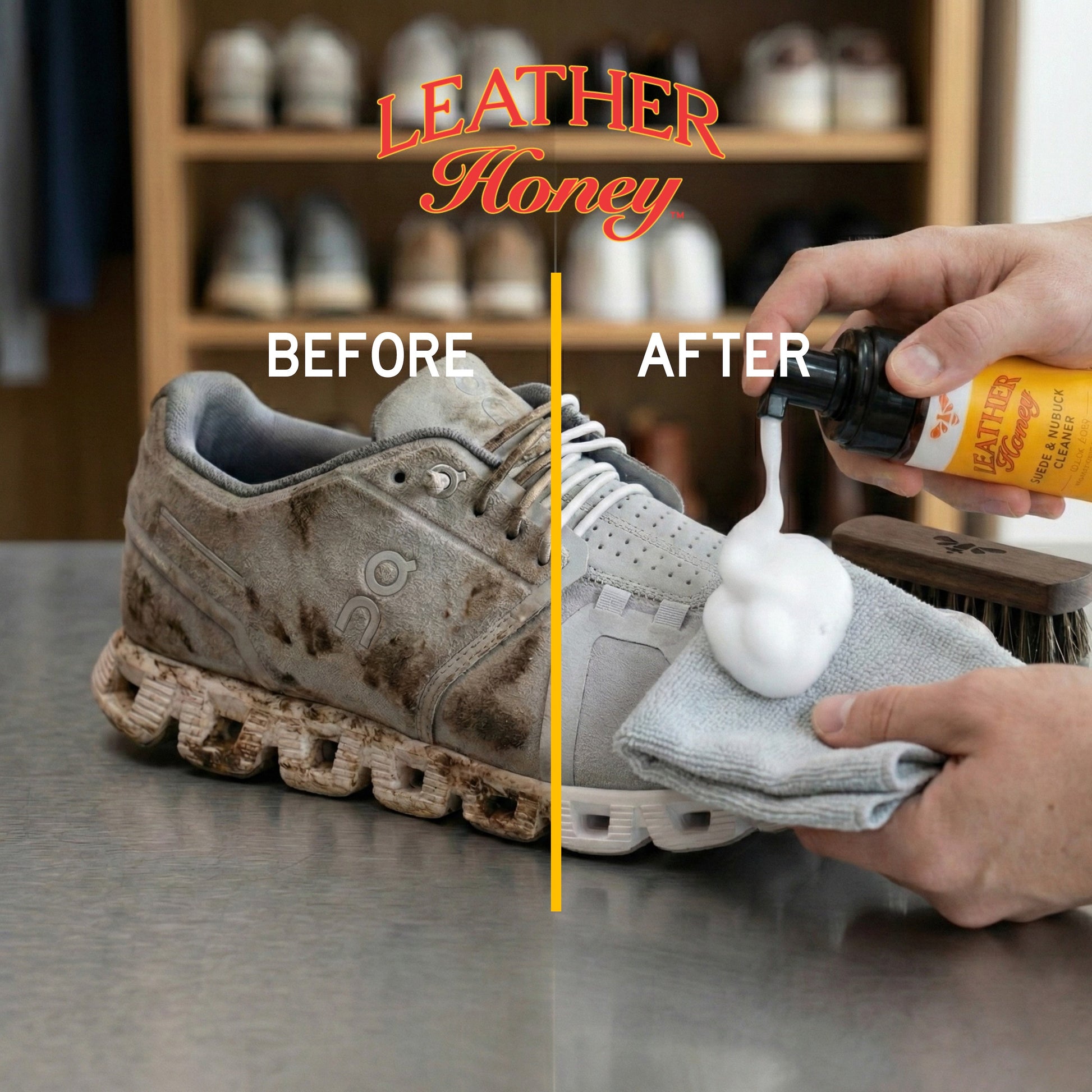 Leather Honey lint-free application cloth for leather care, shown in use on a leather surface for gentle cleaning and maintenance.