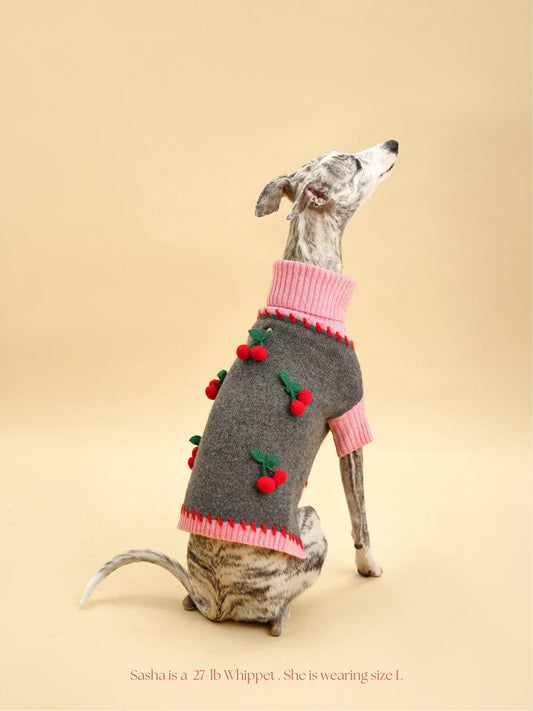 Cherry Kiss Sweater by BarkBarkBaby, soft pink knit sweater with cherry pattern for baby or toddler wear.