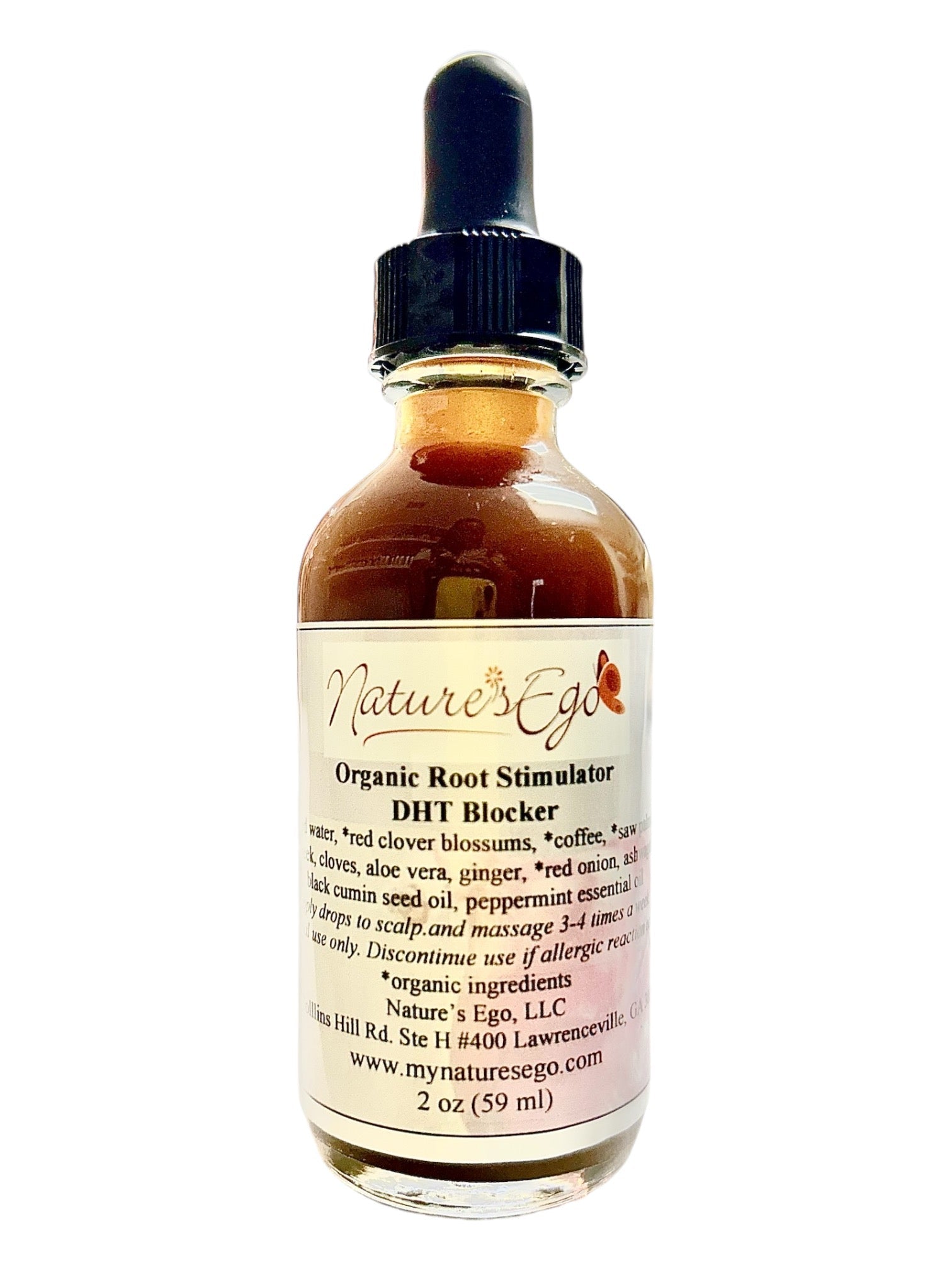 NaturesEgo Organic Root Stimulator bottle with label, designed to promote healthy hair growth and root strength.