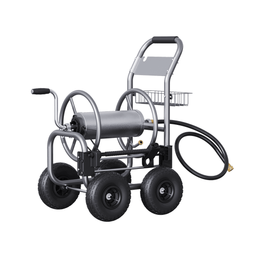 Giraffe Tools US heavy-duty manual crank garden hose reel cart with four wheels for easy yard watering and storage.