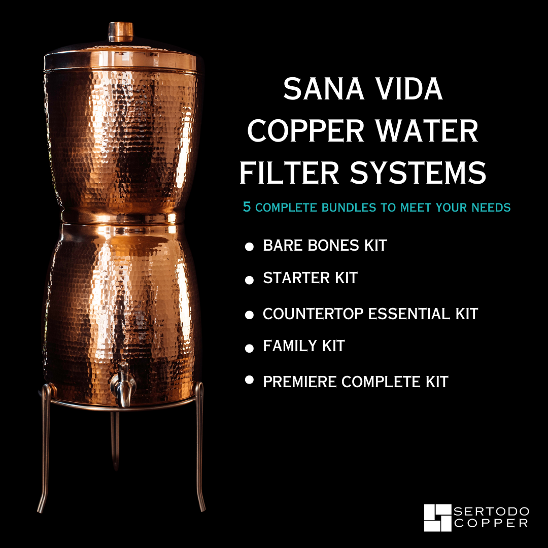 Sertodo Sana Vida copper water dispenser with filtration system, featuring a sleek copper finish and spout for clean drinking water.