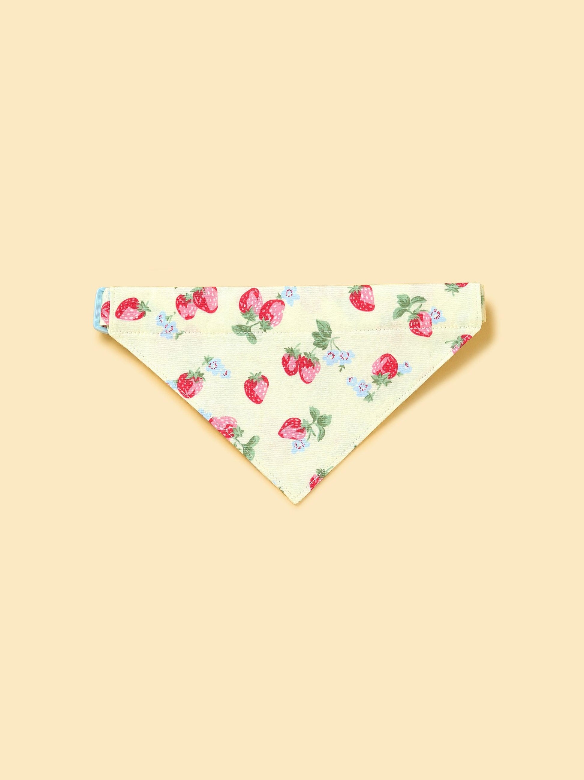 Strawberry Fields Butter Yellow Triangle Bandana by BarkBarkBaby featuring a soft yellow fabric with a strawberry pattern for pets.