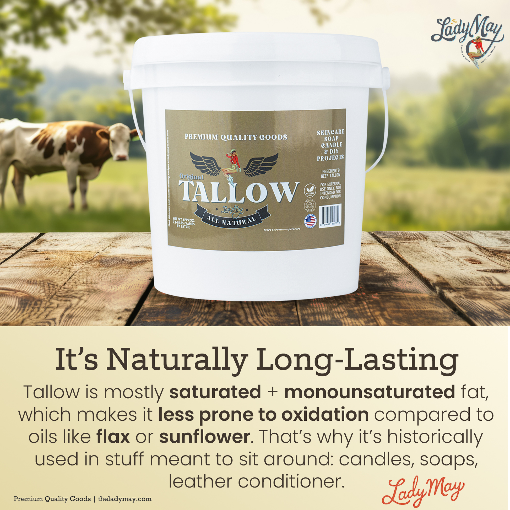 Unscented bulk beef tallow from Lady May Tallow, 16-pound block showing pure, natural beef fat with a smooth, creamy texture.