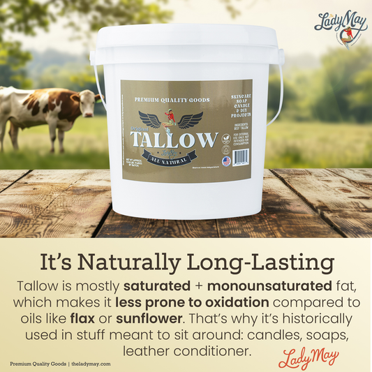Unscented bulk beef tallow from Lady May Tallow, 16-pound block showing pure, natural beef fat with a smooth, creamy texture.