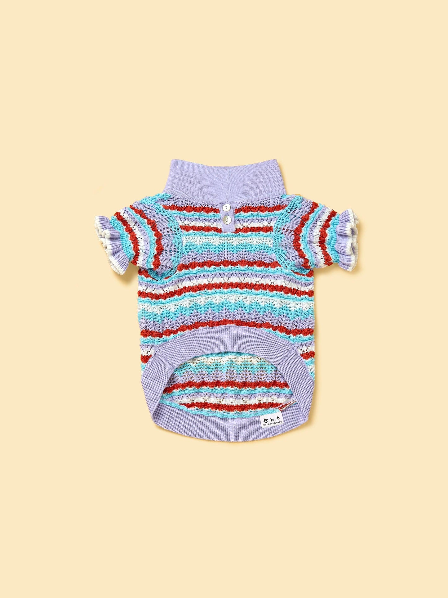 Pet & Me lavender crochet short sleeve polo sweater for pets with ruffle details, branded by BarkBarkBaby.