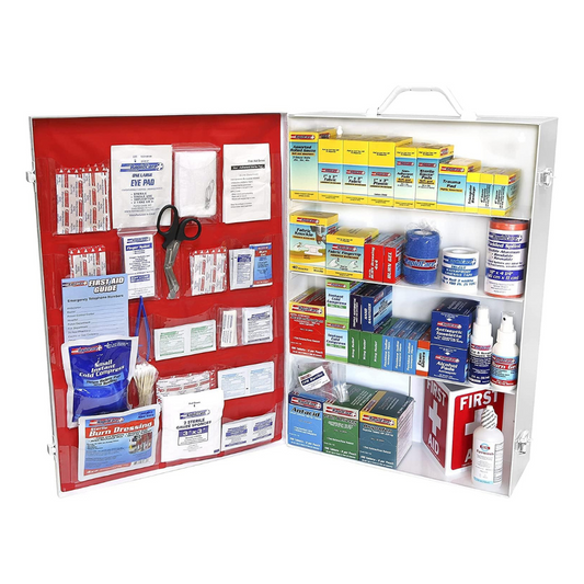 Rapid Care First Aid 4-shelf metal first aid cabinet with labeled shelves, sturdy construction, and secure door for emergency supplies.
