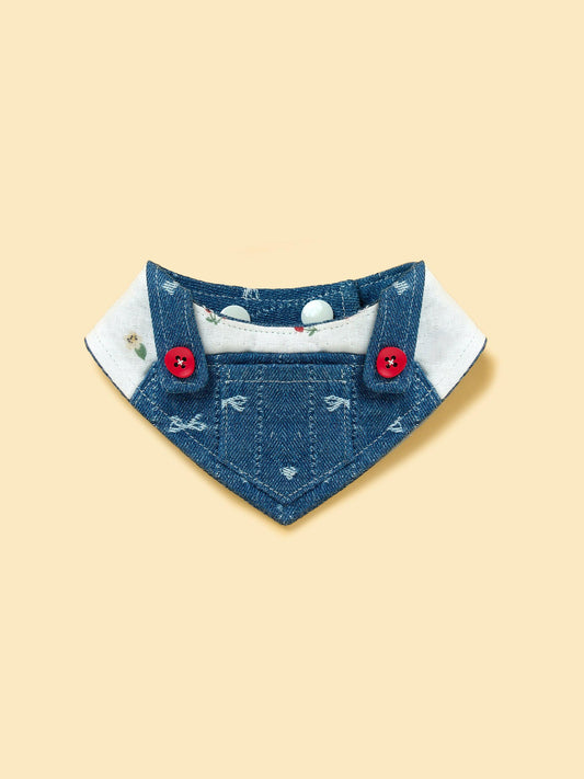 Reversible denim cherry pet bandana by BarkBarkBaby featuring a stylish cherry pattern on blue denim fabric.