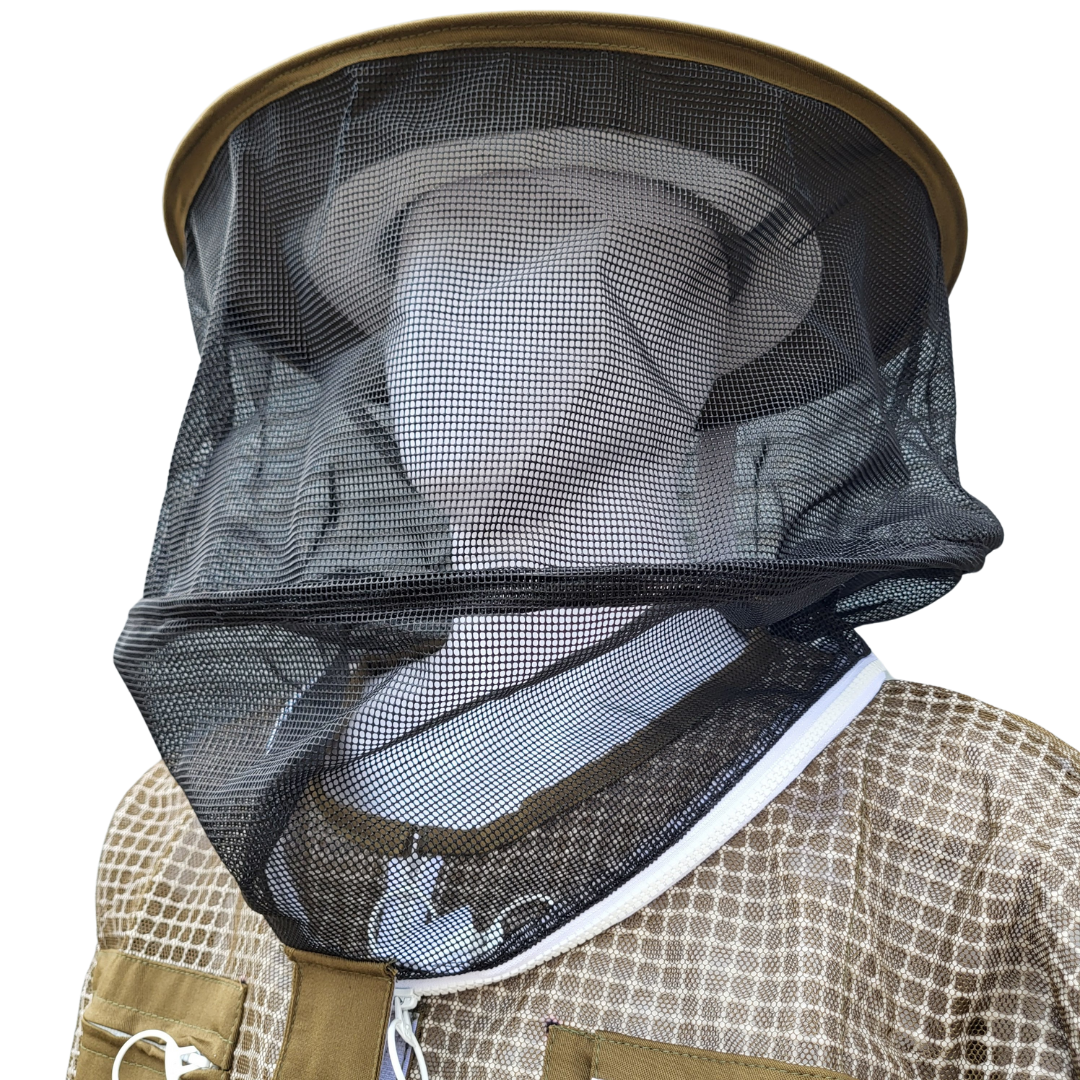 Beekeeping veil from Foxhound Bee Company, round fencing design, protective clothing for bee keeping with mesh face shield.