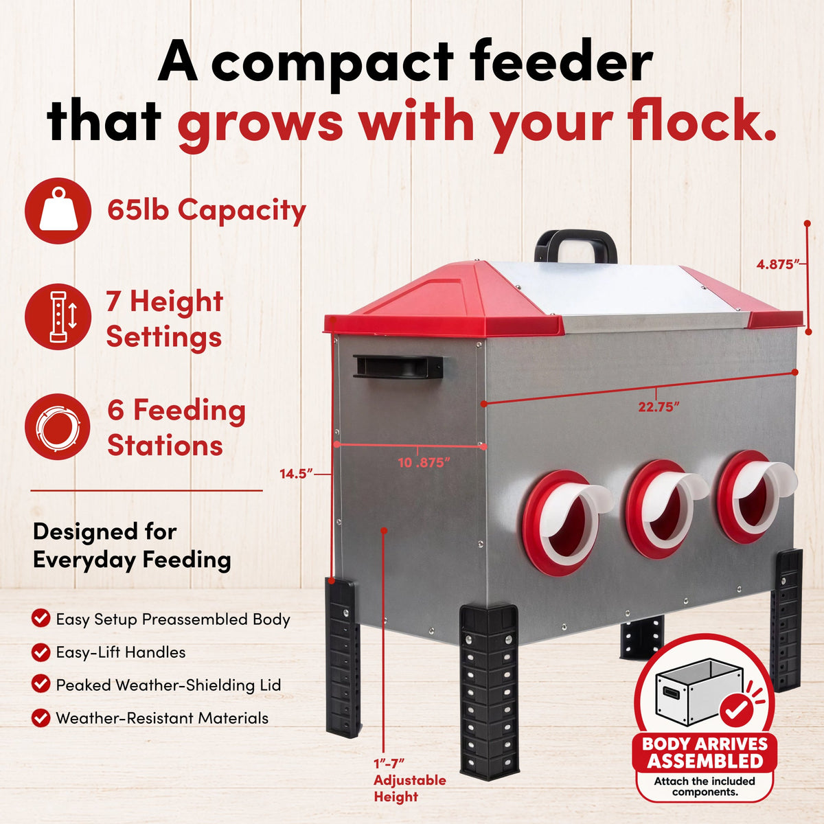 RentACoop Flock Feeder 65 6-port poultry feeder with multiple feeding ports for chickens and poultry.