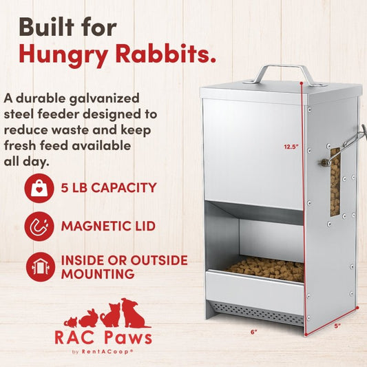 RentACoop RAC Paws 5 lb metal trough feeder for small animals like rabbits, guinea pigs, and ferrets, with a durable design.