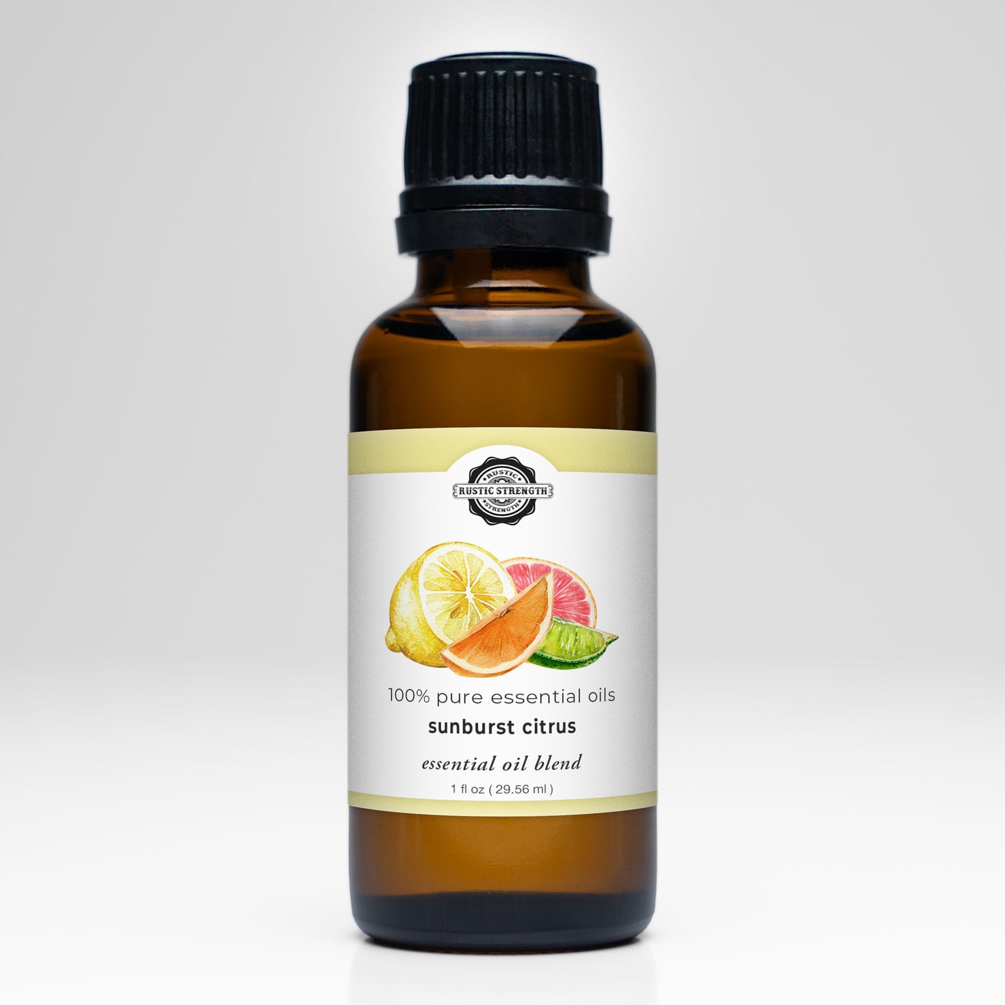 Rustic Strength citrus essential oil blend in a 1 oz bottle, featuring lemon, orange, grapefruit, and lime for fresh, vibrant scent.