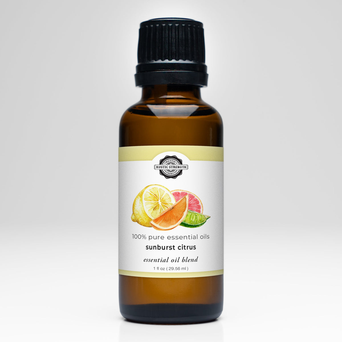 Rustic Strength citrus essential oil blend in a 1 oz bottle, featuring lemon, orange, grapefruit, and lime for fresh, vibrant scent.