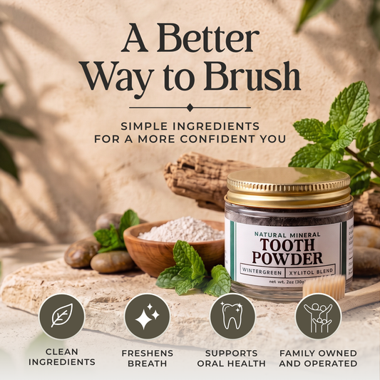 Remineralizing tooth powder by Revive Homestead with hydroxyapatite and xylitol, shown in a jar with a scoop on a white background.