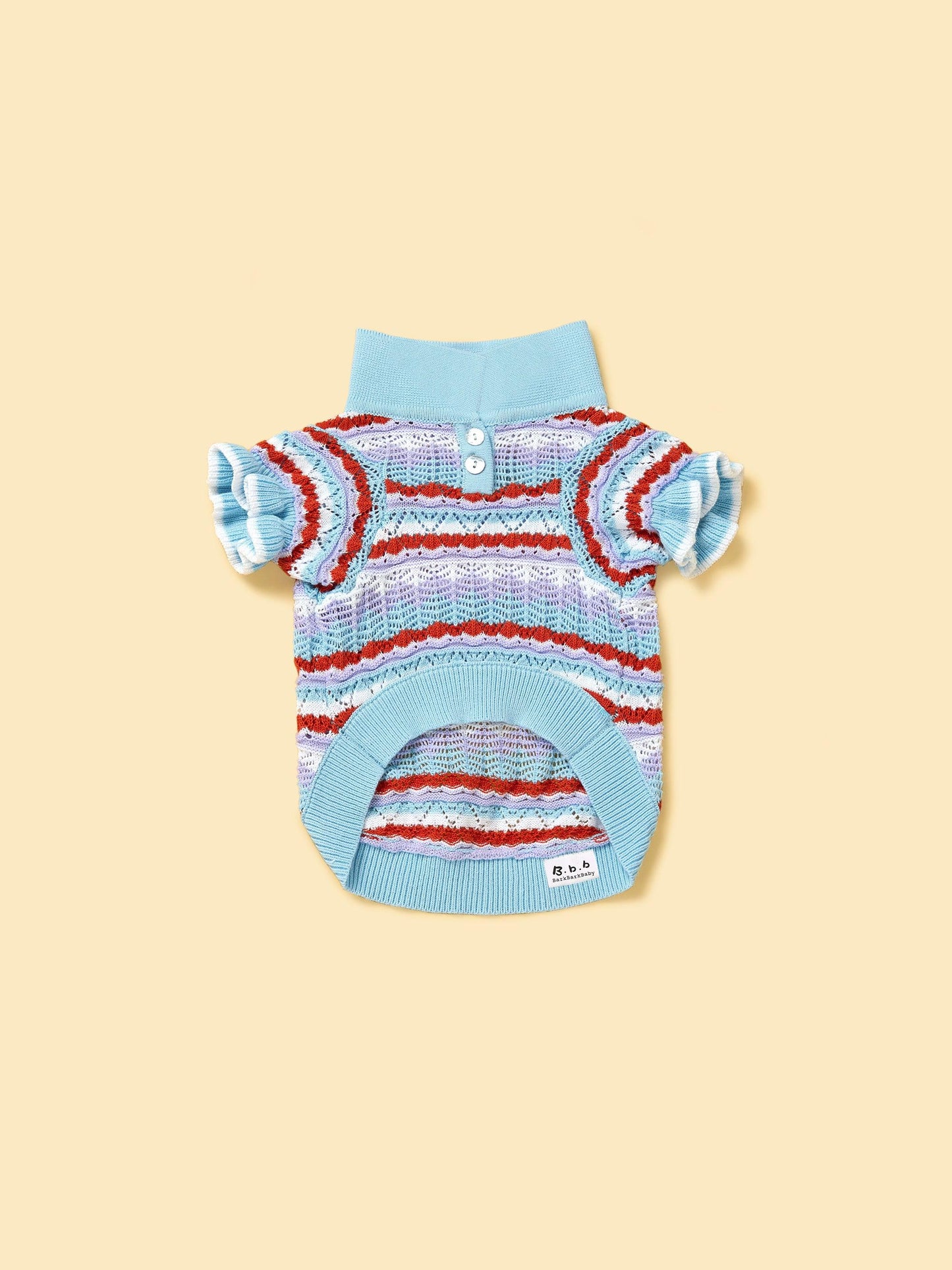 Pet & Me ocean blue crochet short sleeve polo sweater for pets with ruffle details, stylish and comfortable for spring and summer.