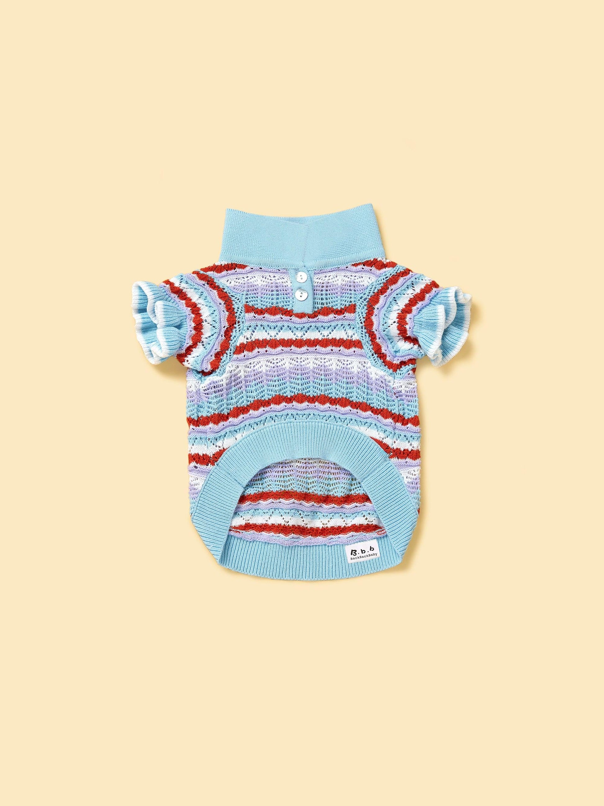 Pet & Me ocean blue crochet short sleeve polo sweater for pets with ruffle details, stylish and comfortable for spring and summer.