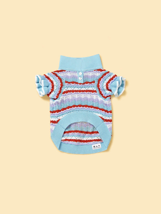 Pet & Me ocean blue crochet short sleeve polo sweater for pets with ruffle details, stylish and comfortable for spring and summer.