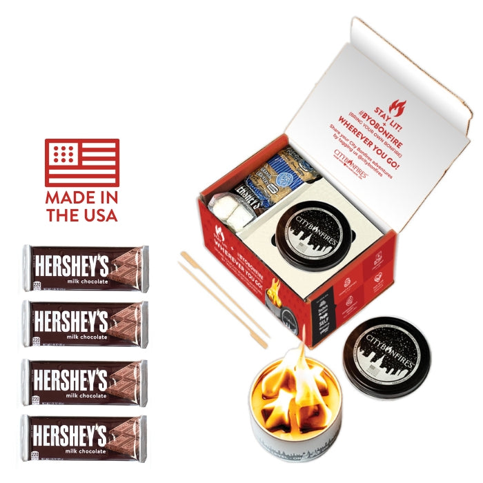 City Bonfires S'mores Night Pack outdoors with marshmallows, chocolate, and graham crackers for camping or backyard fires.