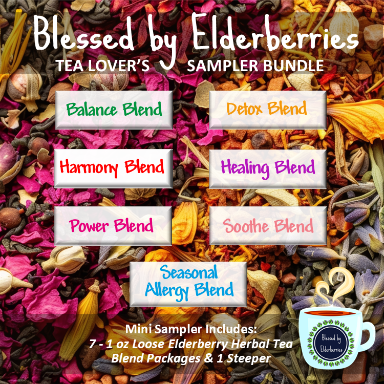Herbal tea sampler bundle by Blessed by Elderberries featuring an assortment of tea bags arranged on a wooden table.