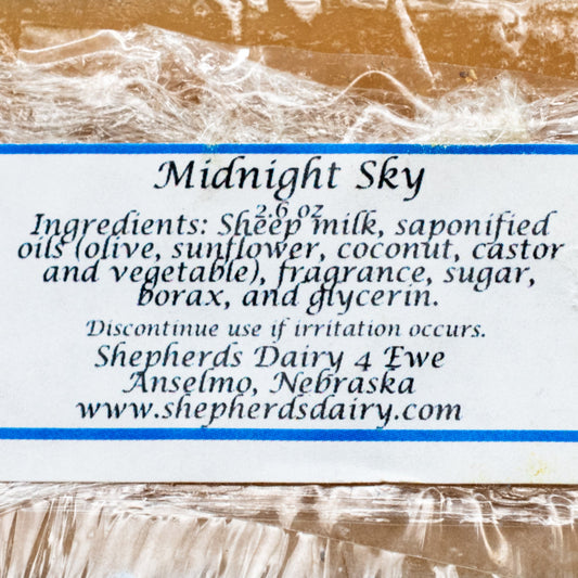 Shepherd's Dairy Midnight Sky Soap in 2.6 oz bath and body product, featuring a dark, celestial-themed design.