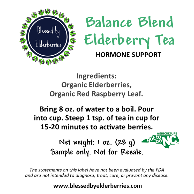 Blessed by Elderberries Balance Blend Elderberry tea in a 1oz sample bottle with label and natural elderberry imagery.