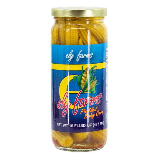 Three 16 oz jars of Ely Farms pickled baby corn in a food multipacks display.