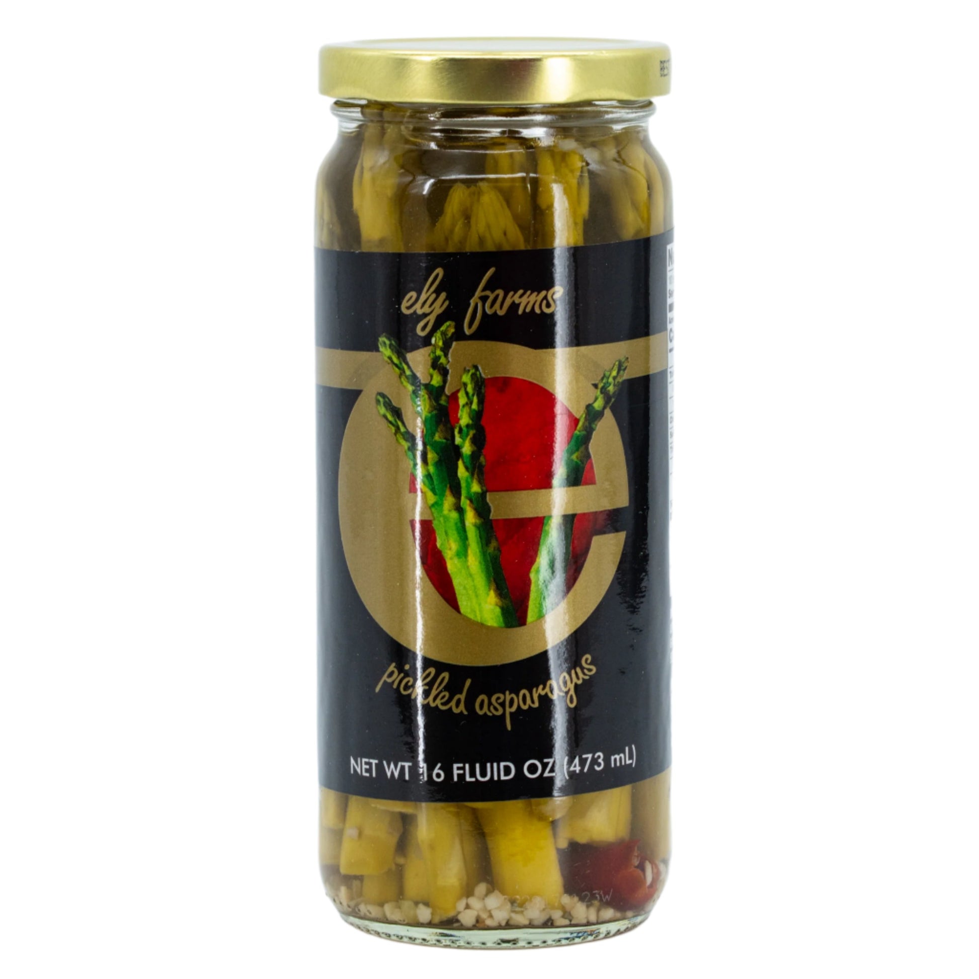 Two jars of Ely Farms pickled asparagus in 16 oz glass bottles, showcasing vibrant green asparagus spears submerged in pickling liquid.