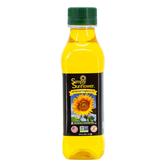 Bottled sunflower oil from Simply Sunflower, 8 oz, vegan, non-GMO, gluten and nut free, with a sunflower label on a white background.