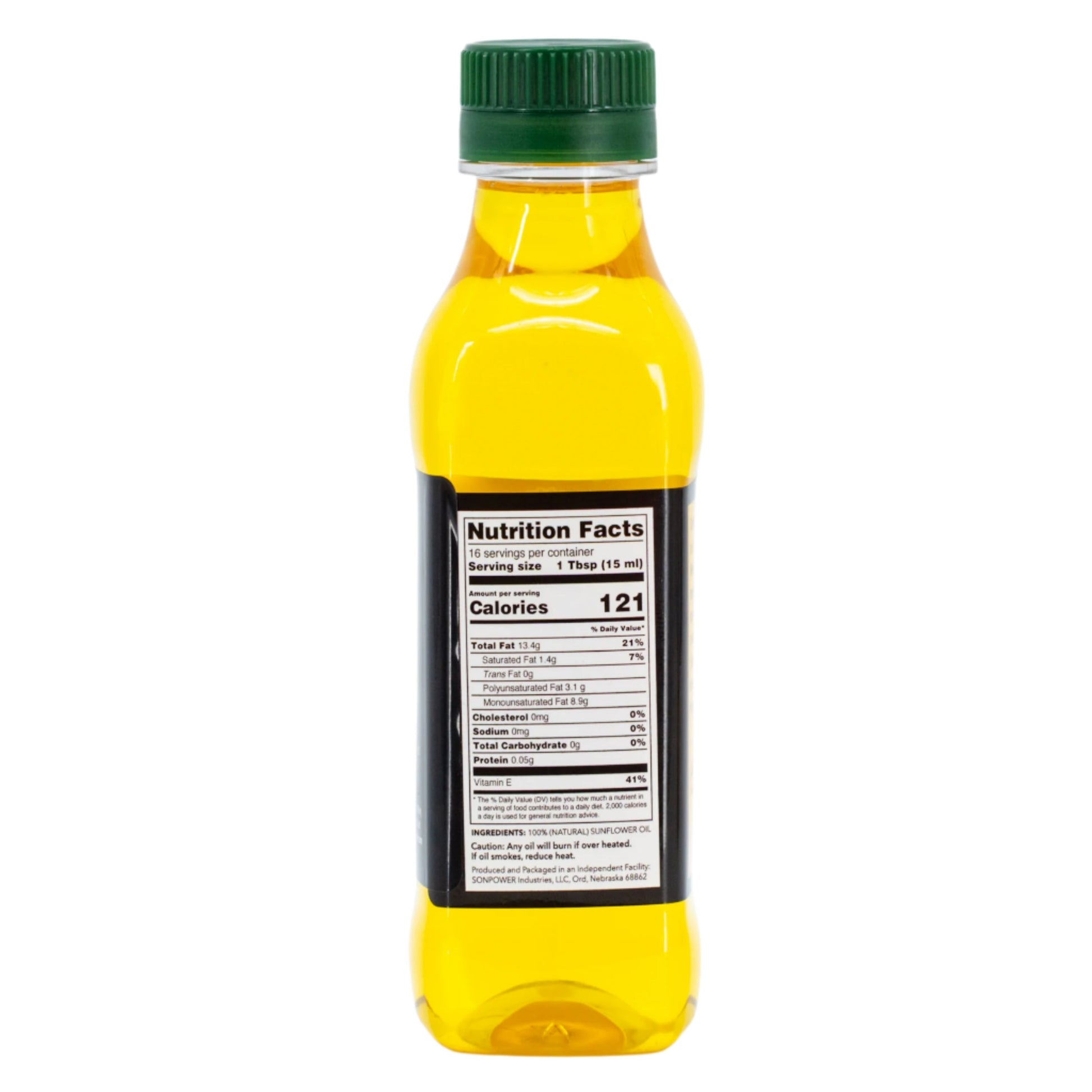 BuyNebraska sunflower oil bottle, 8 oz, non-GMO, gluten-free, nut-free, vegan food product with sunflower seed label.