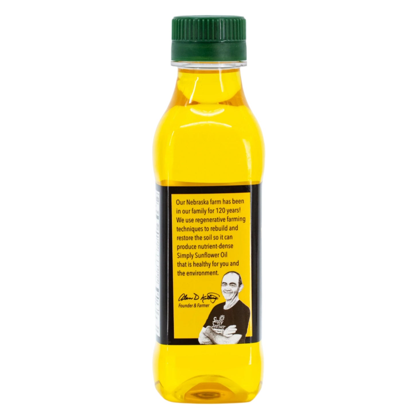 Bottle of Simply Sunflower sunflower oil, 8 oz, non-GMO, gluten-free, nut-free, vegan food product on a kitchen countertop.