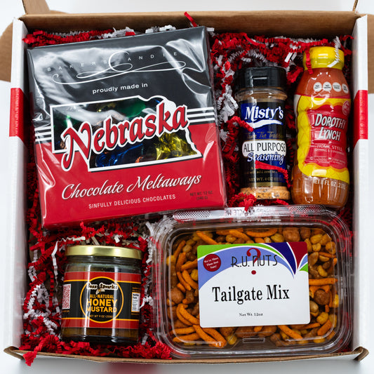 Touchdown Tailgate gift basket with snacks and beverages, from BuyNebraska.com, perfect for football fans and tailgate parties.